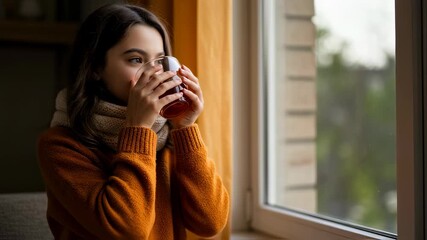 Young woman in sweater and scarf drinking hot tea from a glass at home looking out the window, cozy autumn morning footage.