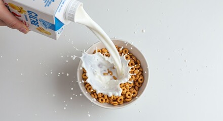 Fresh milk splashing into a bowl of crispy breakfast cereal rings, captured dynamically on a clean white surface