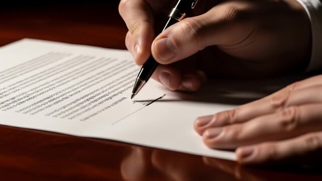 Signing a Contract: Close-Up of Hand with Pen Completing Signature on Legal Document