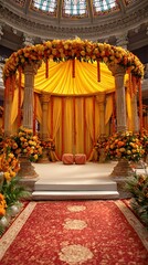 An wedding stage with yellow and red flower garlands hanging on the wall
