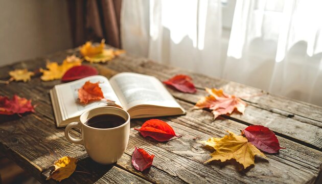 A warm autumnal scene displays a cup of coffee, an open book, and colorful leaves on a rustic wooden table near a window.