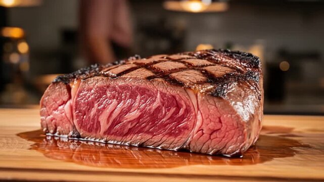Sizzling Steak: A Close-Up of Perfectly Grilled Beef on a Wooden Cutting Board