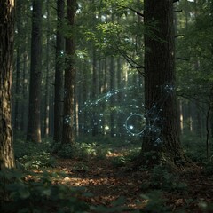A mystical digital interface merging with a serene forest, showcasing technology and nature in harmony.