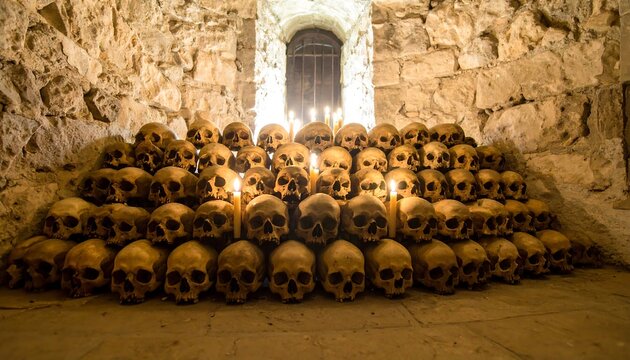 Skull altar in ancient crypt
