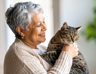 Celebrating National Senior Citizens Day A heartwarming illustration of elderly woman caring for animals at an animal shelter. Kindness aged care pet adopt happy life.