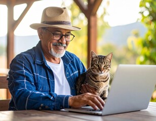 Cheerful senior couple with their cat. Happy older pair enjoy home life lovely feline friend. family pet bring joy comfort to retired woman.