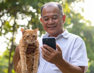 Obraz premium Cheerful senior couple with their cat. Happy older pair enjoy home life lovely feline friend warm retirement family pet.