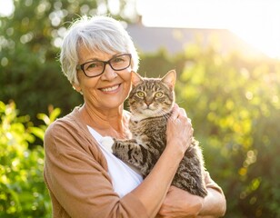 Cheerful senior couple with their cat. Happy older pair enjoy home life lovely pet warm smile relax indoor good time.