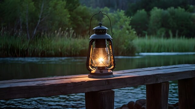 A rustic lantern glowing on a perfectly centered wooden bridge at twilight, surrounded by calm nature 2