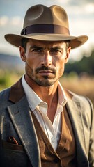 Portrait of a stylish man in a hat and suit, exuding confidence and elegance