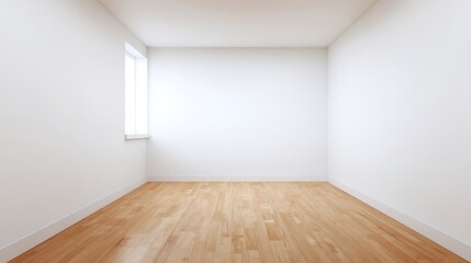 A minimalist living room with clean lines, white walls, and wooden floors, exuding simplicity.
