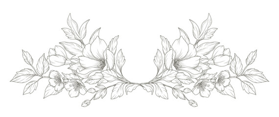 Elegant frame of flowers, branches and leaves. Hand drawn floral composition in line art style. Sketch botanical elements. Vector illustration for logo, tattoo, save the date card, wedding invitation