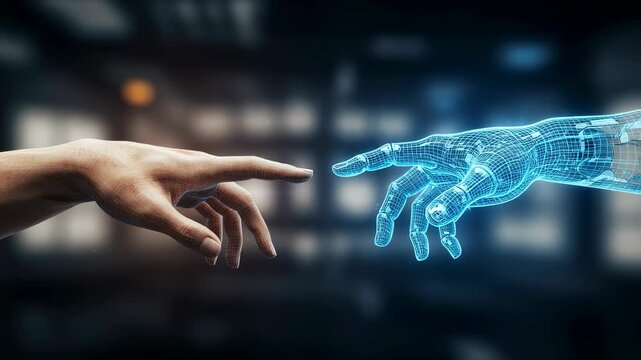 Human hand and wireframe robot hand reaching out. Concept of artificial intelligence and connection between people and computers. Cyber future footage.