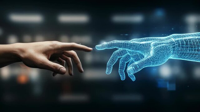 A man hand reaching to a digital wireframe hand, showing human interaction with artificial intelligence technology footage.