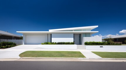 A contemporary residential house with clean architectural lines, bathed in soft daylight, reflecting sustainable living.
