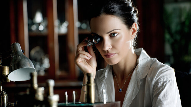 A beautiful, focused woman with a chignon bun and blue eyes carefully examines an object using an eye loupe in her workshop, wearing a classic white shirt. - Powered by Adobe