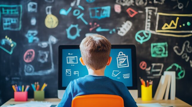 Student Focused On Digital Learning At Desk With Colorful Background