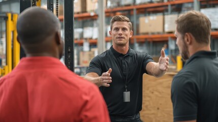 Workplace training session warehouse business indoor eye level team collaboration and safety protocols