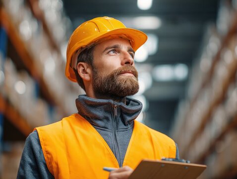 Warehouse safety inspection by supervisor industrial facility professional image indoor setting close-up viewpoint risk management strategy - Powered by Adobe