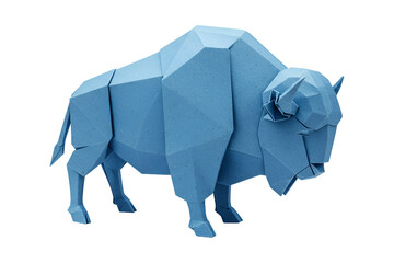 Striking blue origami bison sculpture showcasing modern geometric artistry