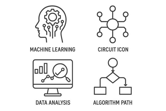 Machine learning, circuit icon, data analysis, and algorithm path symbols