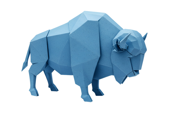 Striking blue origami bison sculpture showcasing modern geometric artistry