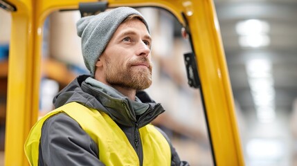 Forklift operator at warehouse industrial setting portrait focused worker professional environment