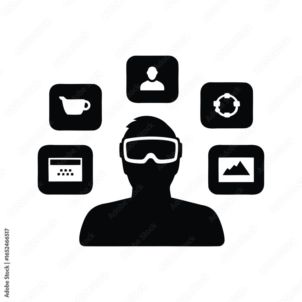 Wall mural a person using virtual reality displaying different applications, isolated on white