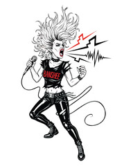 Fototapeta premium Banshee Singer: Wild-haired woman with microphone screaming with sound waves wearing a Banshee shirt.