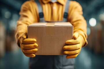 Warehouse worker handling package industrial facility photography indoor close-up logistics efficiency