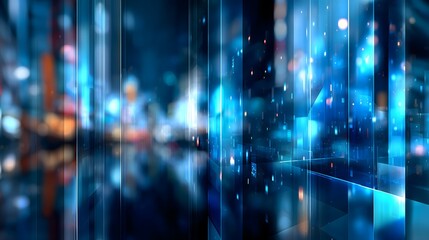 Futuristic semi-transparent holographic overlays with cyan and blue light accents, floating UI elements, and blurred urban tech background.