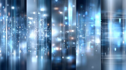 Futuristic semi-transparent holographic overlays with cyan and blue light accents, floating UI elements, and blurred urban tech background.
