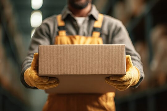 Warehouse worker handling package distribution center human action industrial environment close-up view logistics operations