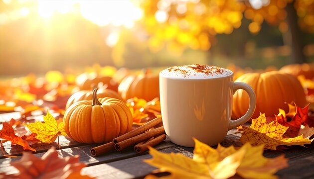 Enjoy the cozy fall vibes with a warm Pumpkin Spice Latte, surrounded by bright orange pumpkins and colorful fall leaves under the golden sunshine