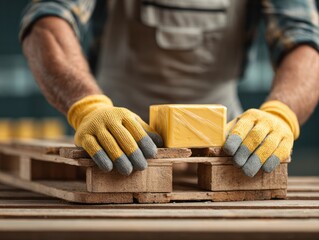 Worker handling pallet with cheese block warehouse industrial photography indoor close-up labor in action