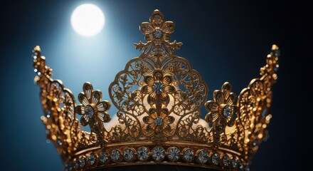 Obraz premium Majestic Golden Crown Illuminated by Spotlight Against Dark Blue Background
