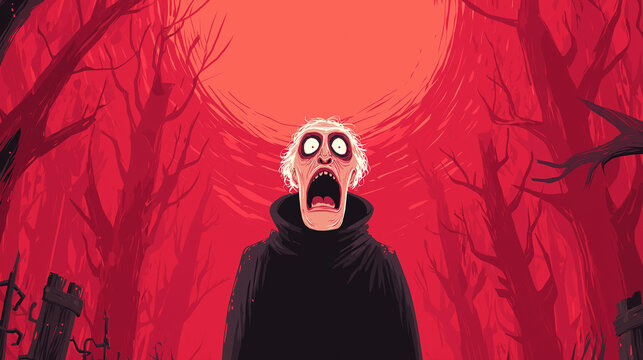 A Happy Halloween concept featuring a terrified, horrified man set against a creepy red scary background.
