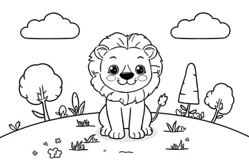 Drawing for coloring the lion and the tree