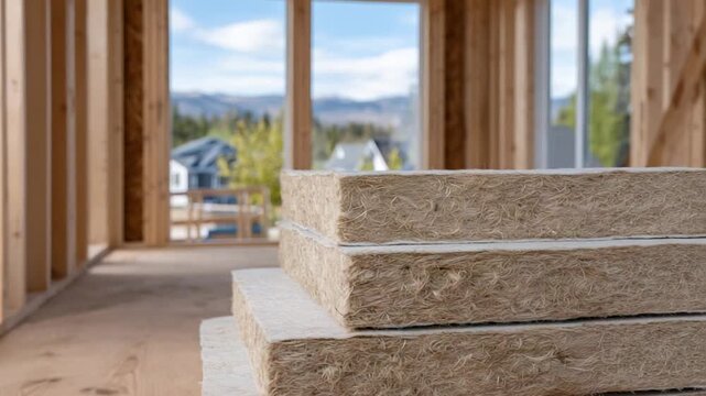Neatly stacked beige fiber insulation panels on a wooden floor in a framed house under construction, highlighting thermal efficiency.