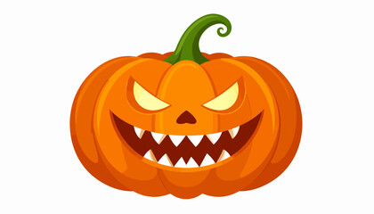 Scary carved Halloween jack-o-lantern with sharp teeth and glowing eyes on isolated white background.