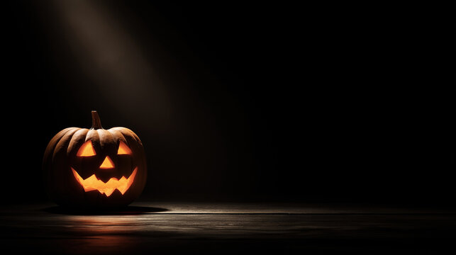 A Halloween lit Jack-O’-Lantern glowing brightly under a dramatic spooky spotlight on black background
