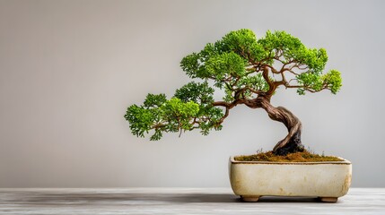 Photo of a bonsai tree in a rectangular ceramic pot, artistic presentation with plain neutral background, copy space for business poster.