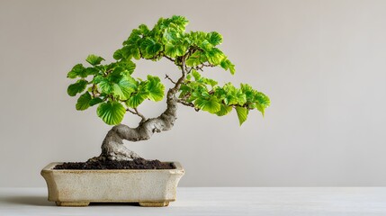 Photo of a bonsai tree in a rectangular ceramic pot, artistic presentation with plain neutral background, copy space for business poster.