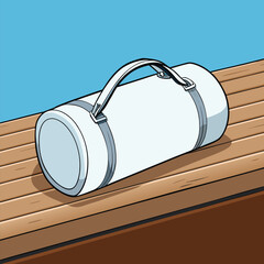 White cylindrical bag with handle on wooden surface a stylized illustration for travel and storage use , bag mockup