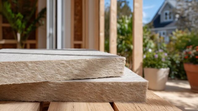 Sunlit window frames cast shadows on beige fiber insulation sheets in a modern energy-efficient home retrofit.