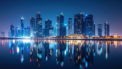 Fototapeta premium with tall skyscrapers and sparkling city lights, perfectly reflected on the calm water surface. The dynamic city atmosphere and the luxury of modern architecture are clearly visible in