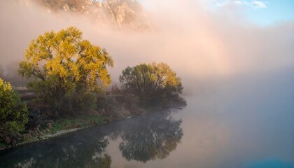 A serene riverbank scene bathed in the soft morning light, with trees displaying autumnal hues and a gentle mist hanging over the water, creating a tranquil and peaceful atmosphere.