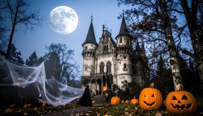 Spooky castle at night with jack-o'-lanterns