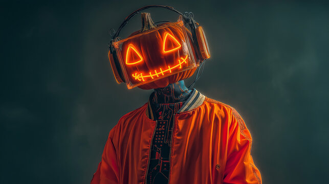 A glowing Halloween neon Jack-o’-Lantern wearing orange jacket and headphone designed in a futuristic technology style on gray background
