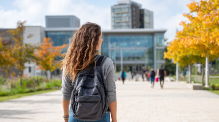 Fototapeta premium A college student walking across campus with a backpack, surrounded by other students and modern university buildings.